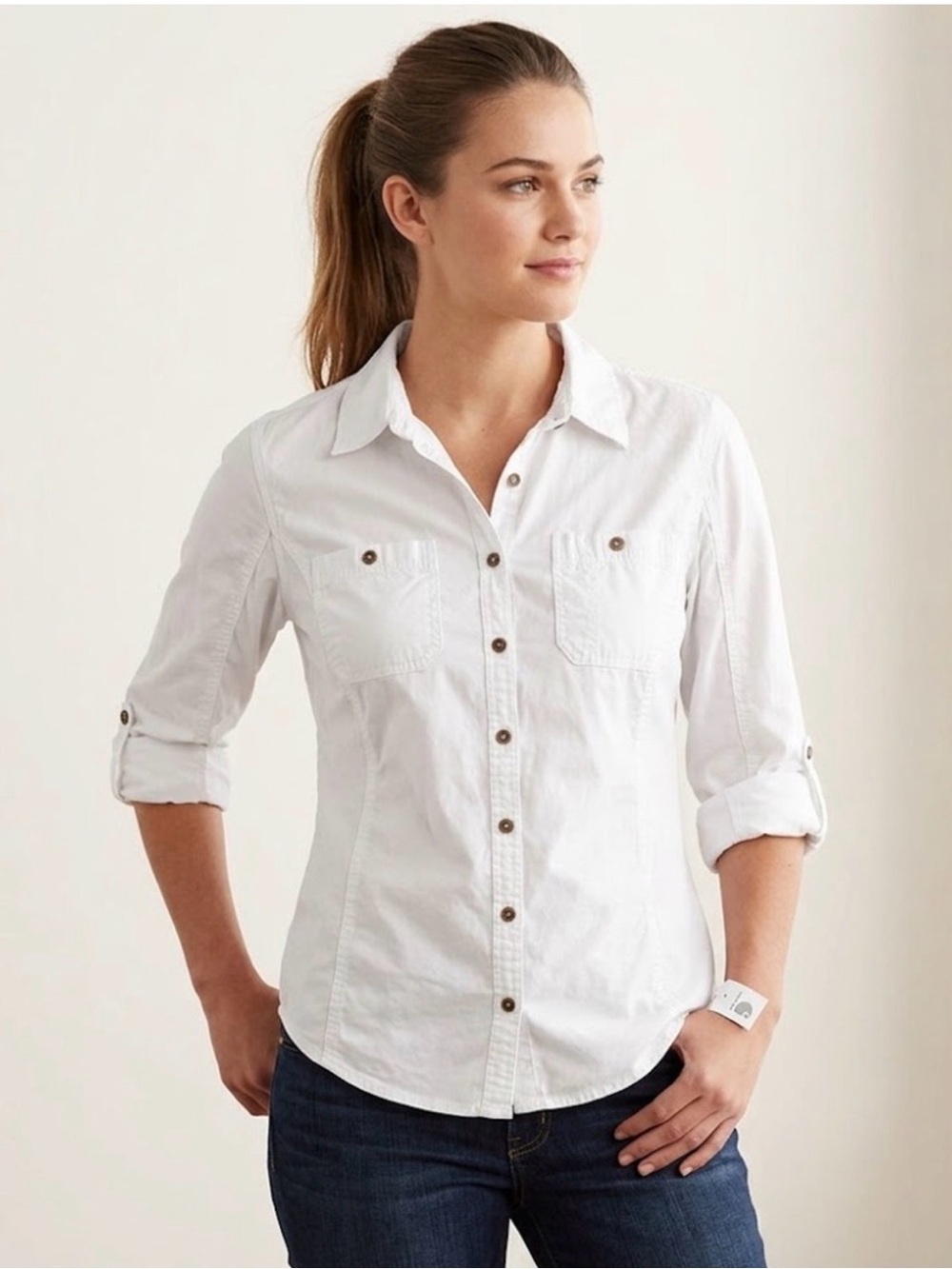 Carhartt Women's White Button-Front Shirt, Size Medium 8/10, Ribbed Side Panels
